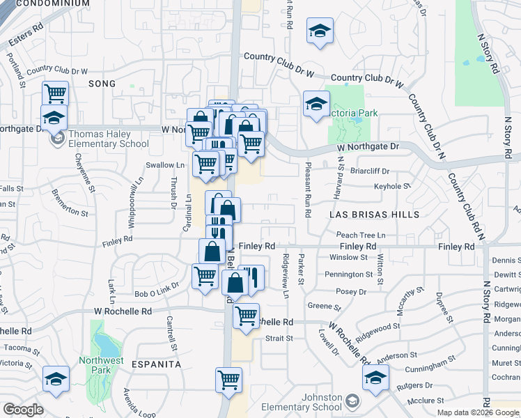 map of restaurants, bars, coffee shops, grocery stores, and more near 3458 North Belt Line Road in Irving
