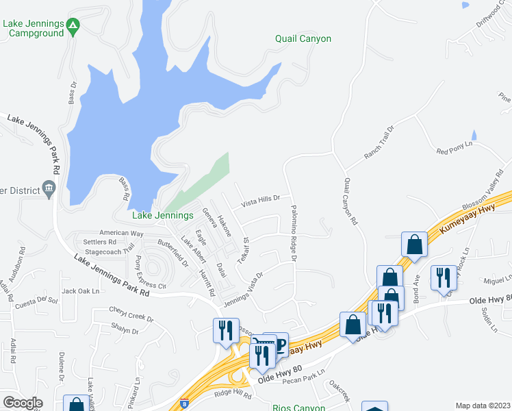 map of restaurants, bars, coffee shops, grocery stores, and more near 14261 Vista Hills Drive in Lakeside