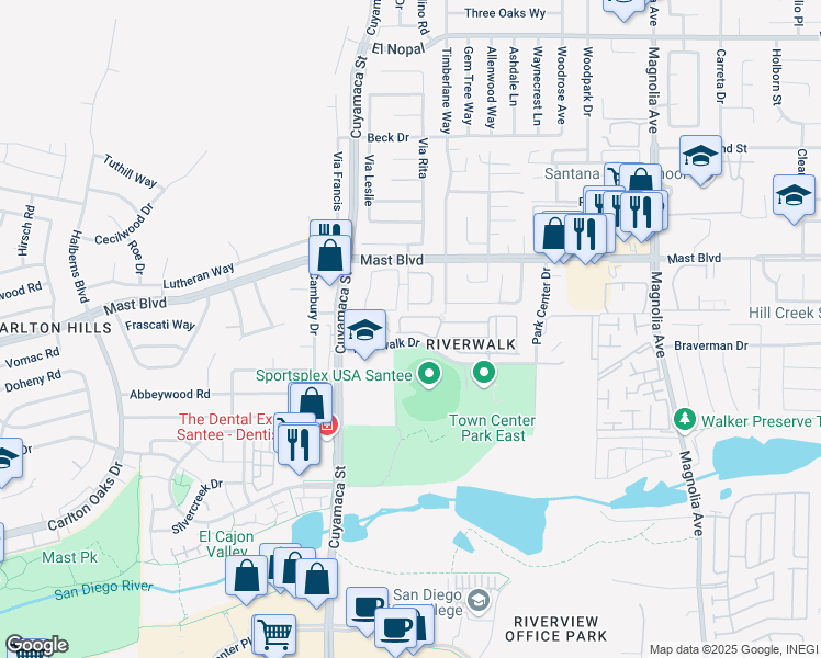 map of restaurants, bars, coffee shops, grocery stores, and more near 9949 Watergum Trail in Santee