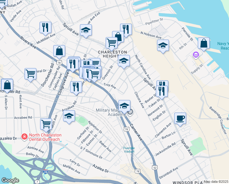 map of restaurants, bars, coffee shops, grocery stores, and more near 2023 Success Street in North Charleston