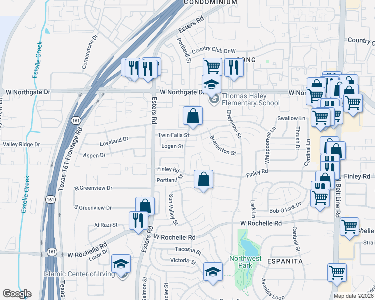 map of restaurants, bars, coffee shops, grocery stores, and more near 4036 Portland Street in Irving
