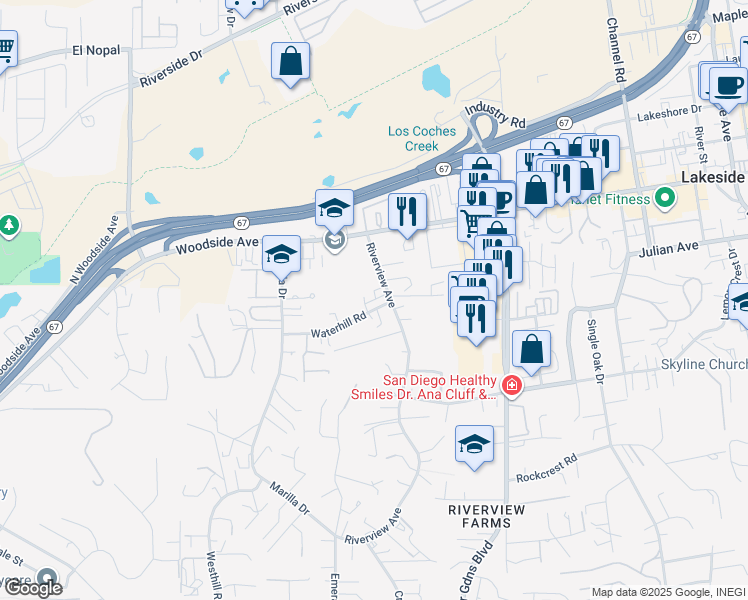 map of restaurants, bars, coffee shops, grocery stores, and more near 9668 Riverview Avenue in Lakeside