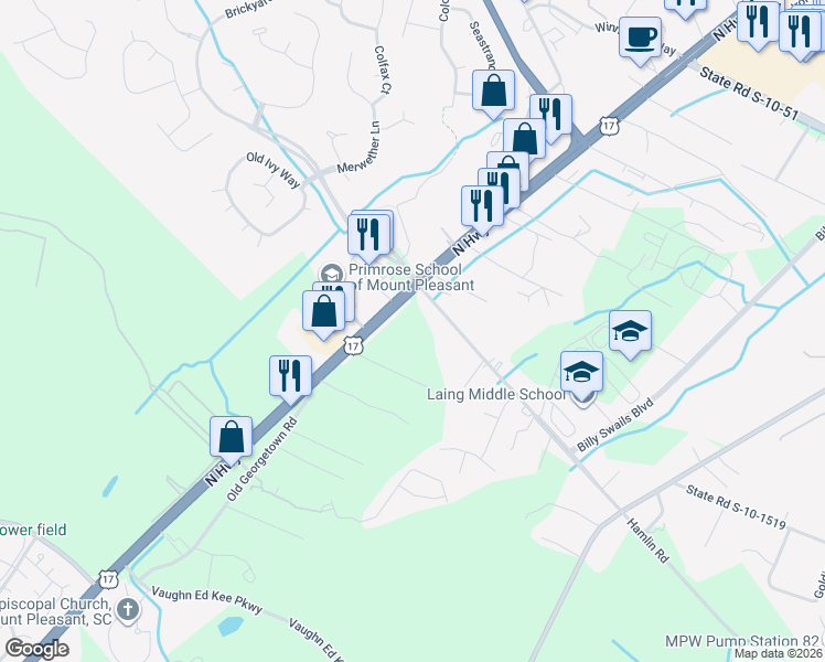 map of restaurants, bars, coffee shops, grocery stores, and more near 2631 North Highway 17 in Mount Pleasant
