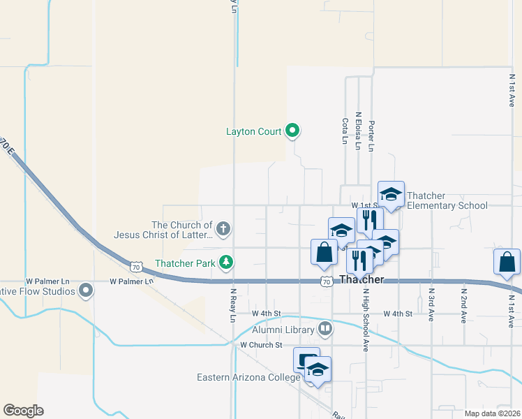 map of restaurants, bars, coffee shops, grocery stores, and more near 3909 West 1st Street in Thatcher