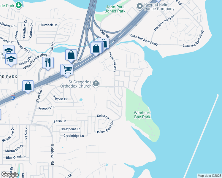map of restaurants, bars, coffee shops, grocery stores, and more near 5303 Peninsula Way in Garland