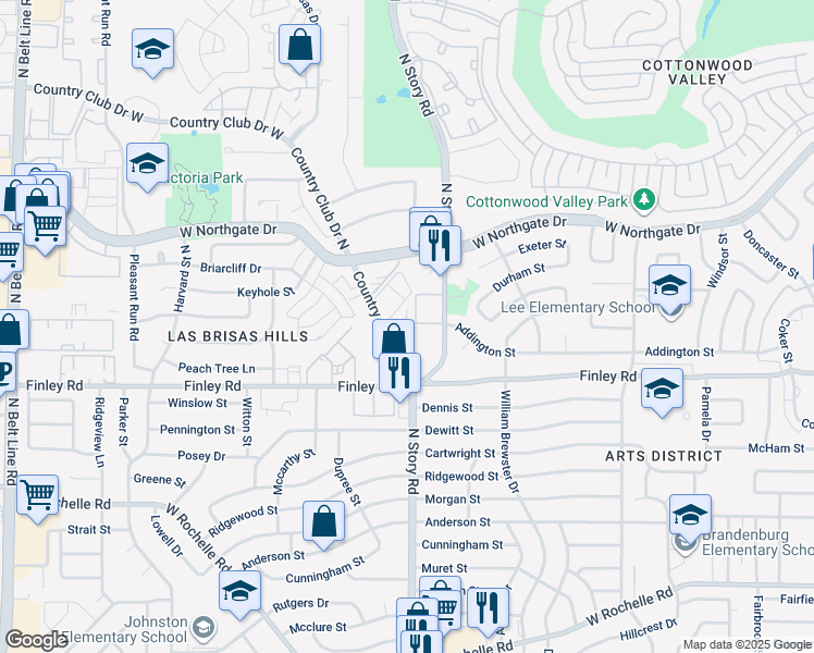 map of restaurants, bars, coffee shops, grocery stores, and more near Manesh Drive in Irving