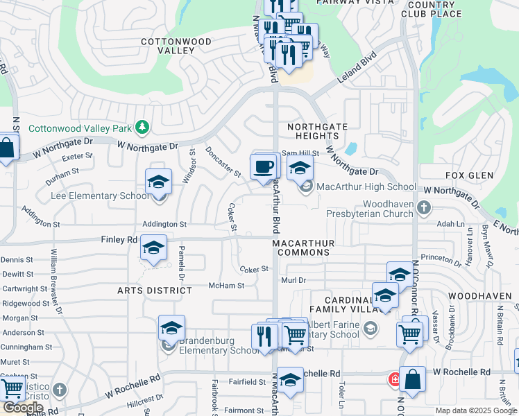 map of restaurants, bars, coffee shops, grocery stores, and more near 3501 North MacArthur Boulevard in Irving