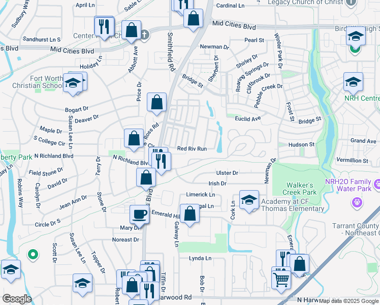 map of restaurants, bars, coffee shops, grocery stores, and more near 8004 Red River Run in North Richland Hills