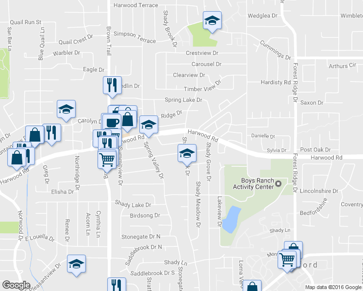 map of restaurants, bars, coffee shops, grocery stores, and more near 934 Shady Creek Lane in Bedford