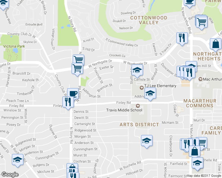 map of restaurants, bars, coffee shops, grocery stores, and more near 3515 Allison Court in Irving