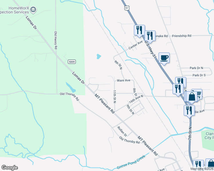 map of restaurants, bars, coffee shops, grocery stores, and more near 2082 Maplewood Lane in Clanton