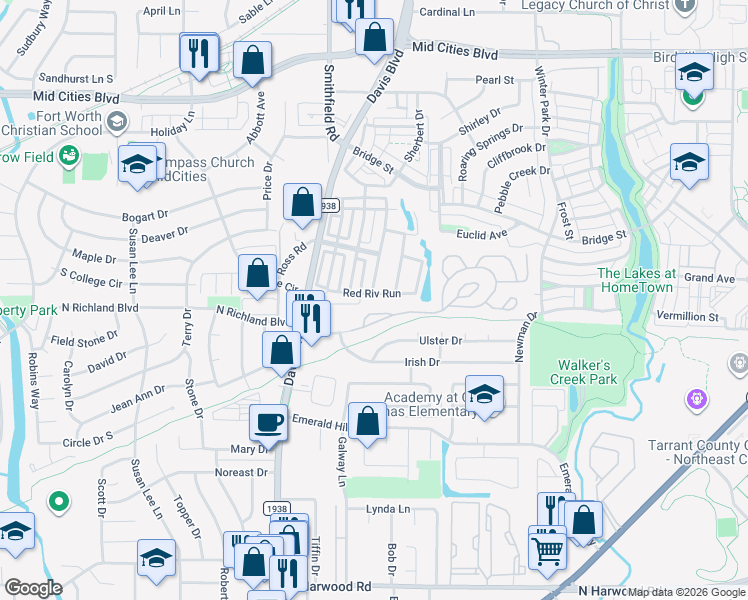 map of restaurants, bars, coffee shops, grocery stores, and more near 8004 Red River Run in North Richland Hills