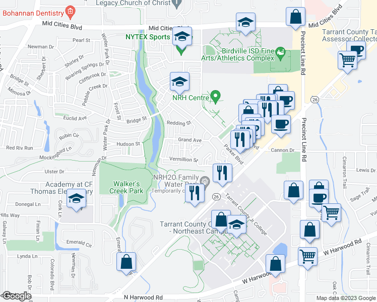 map of restaurants, bars, coffee shops, grocery stores, and more near 8930 Grand Avenue in Fort Worth