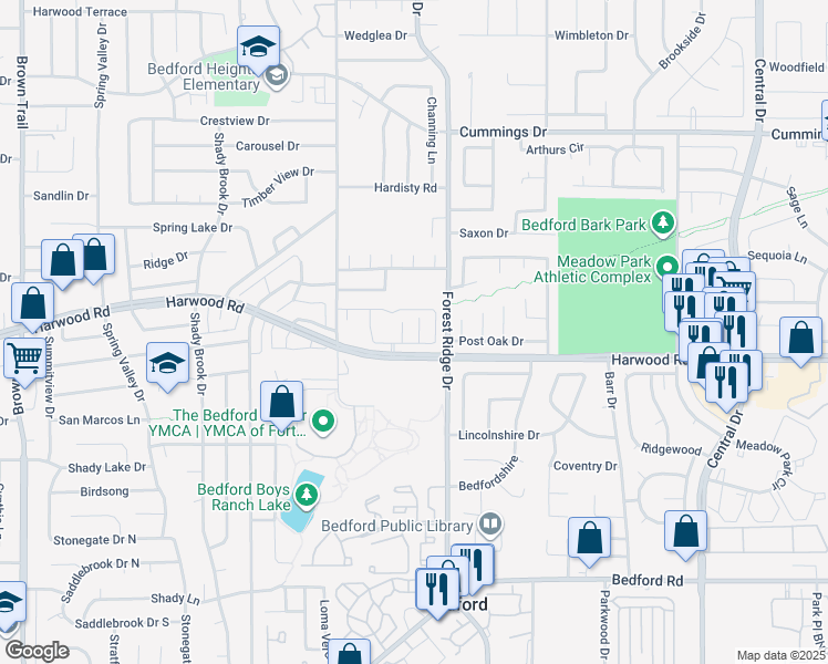 map of restaurants, bars, coffee shops, grocery stores, and more near 2908 Elaine Court in Bedford
