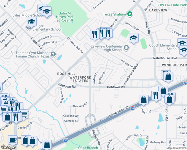 map of restaurants, bars, coffee shops, grocery stores, and more near 5229 Daytona Drive in Garland