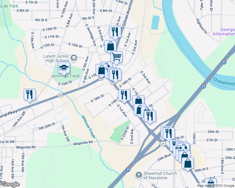 map of restaurants, bars, coffee shops, grocery stores, and more near 1810 Broad Avenue in Lanett