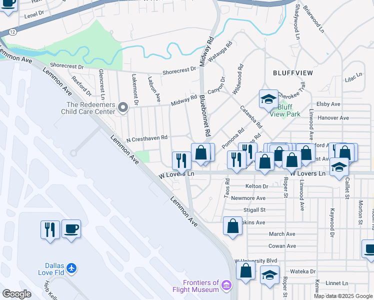 map of restaurants, bars, coffee shops, grocery stores, and more near 4225 Bluffview Boulevard in Dallas