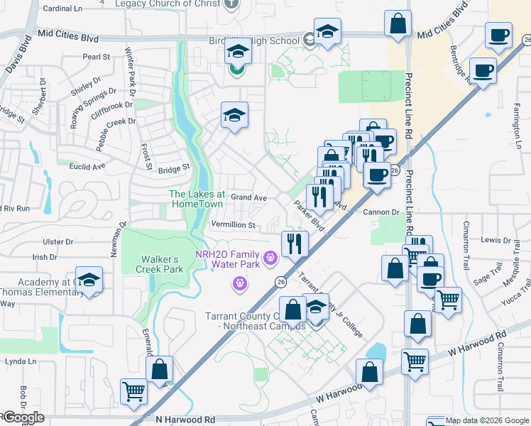 map of restaurants, bars, coffee shops, grocery stores, and more near 8900 Vermillion Street in Fort Worth