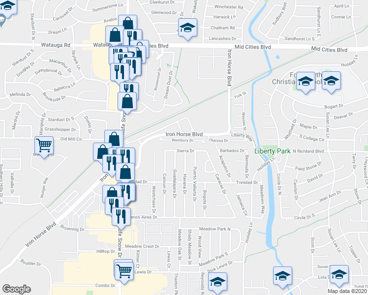 map of restaurants, bars, coffee shops, grocery stores, and more near 6847 Sierra Drive in North Richland Hills