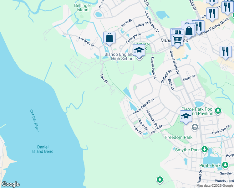 map of restaurants, bars, coffee shops, grocery stores, and more near 7770 Farr Street in Charleston