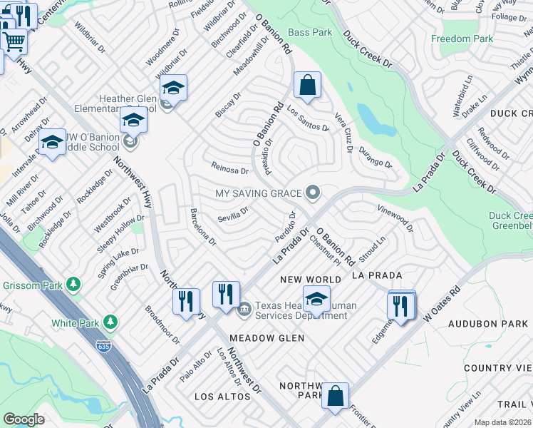 map of restaurants, bars, coffee shops, grocery stores, and more near 525 San Clemente Drive in Garland