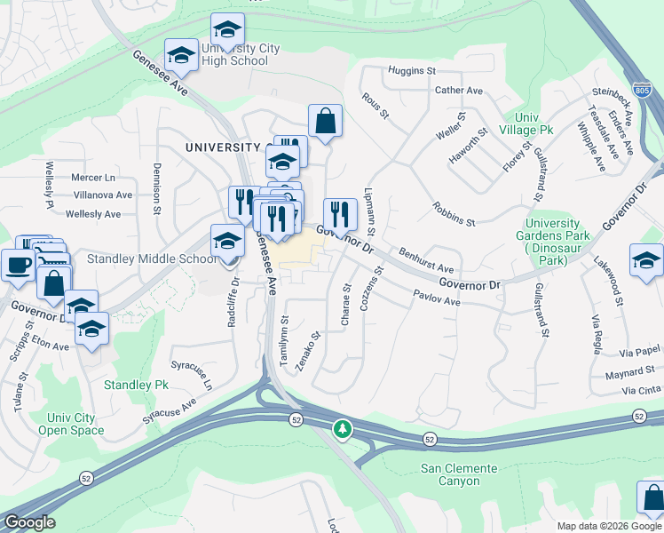 map of restaurants, bars, coffee shops, grocery stores, and more near 6194 Agee Street in San Diego