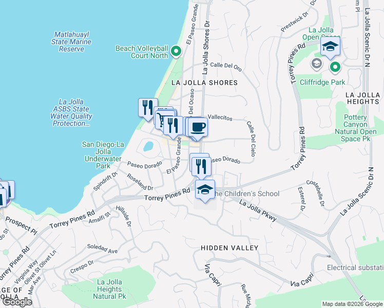 map of restaurants, bars, coffee shops, grocery stores, and more near 8070 La Jolla Shores Drive in San Diego