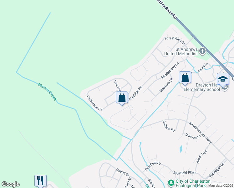 map of restaurants, bars, coffee shops, grocery stores, and more near 4005 Alpheretta Court in Charleston