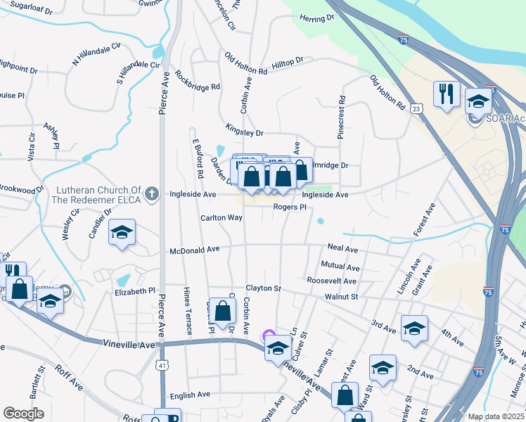 map of restaurants, bars, coffee shops, grocery stores, and more near 364 Leah Place in Macon