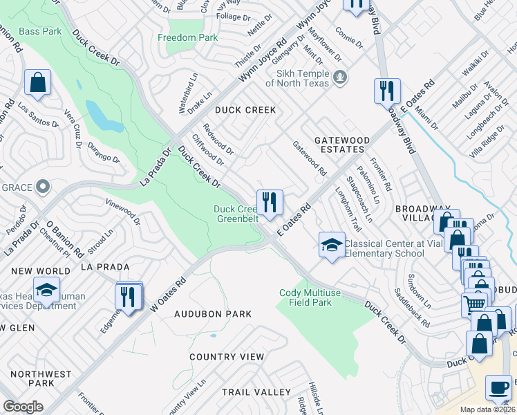 map of restaurants, bars, coffee shops, grocery stores, and more near 5214 Collingwood Drive in Garland