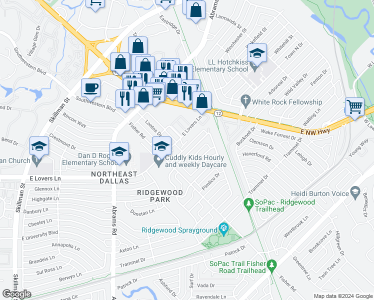 map of restaurants, bars, coffee shops, grocery stores, and more near 6514 Arborist Lane in Dallas