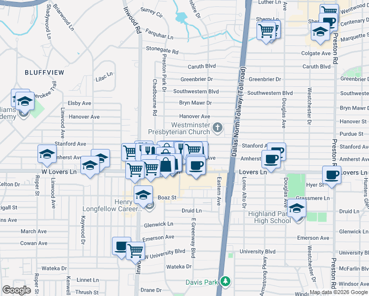 map of restaurants, bars, coffee shops, grocery stores, and more near 5534 Stanford Avenue in Dallas