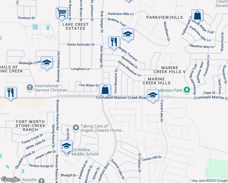 map of restaurants, bars, coffee shops, grocery stores, and more near 6313 Fern Meadow Drive in Fort Worth