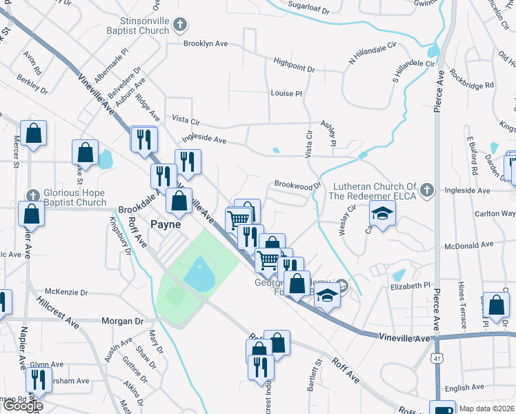 map of restaurants, bars, coffee shops, grocery stores, and more near 250 Crumps Park Avenue in Macon