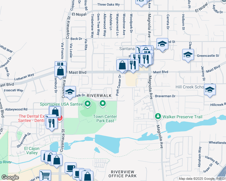 map of restaurants, bars, coffee shops, grocery stores, and more near 10183 Star Magnolia Lane in Santee
