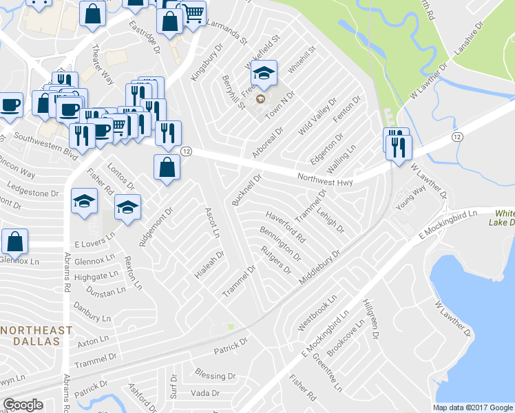 map of restaurants, bars, coffee shops, grocery stores, and more near 7031 Haverford Rd in Dallas