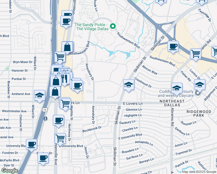 map of restaurants, bars, coffee shops, grocery stores, and more near 6060 Village Bend Drive in Dallas