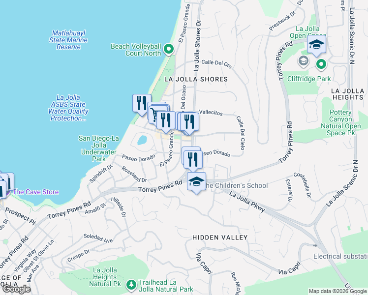 map of restaurants, bars, coffee shops, grocery stores, and more near 8070 La Jolla Shores Drive in San Diego