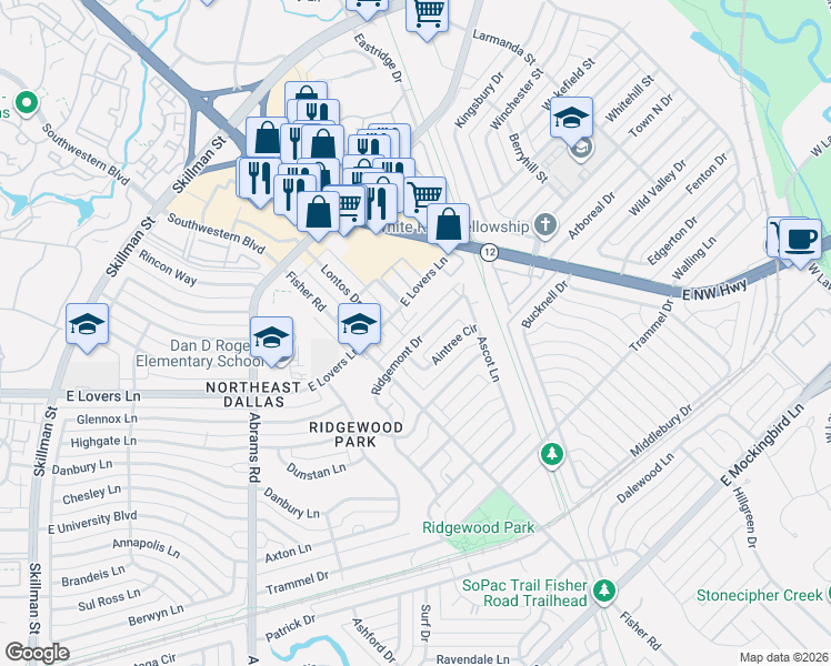 map of restaurants, bars, coffee shops, grocery stores, and more near 6514 Arborist Lane in Dallas
