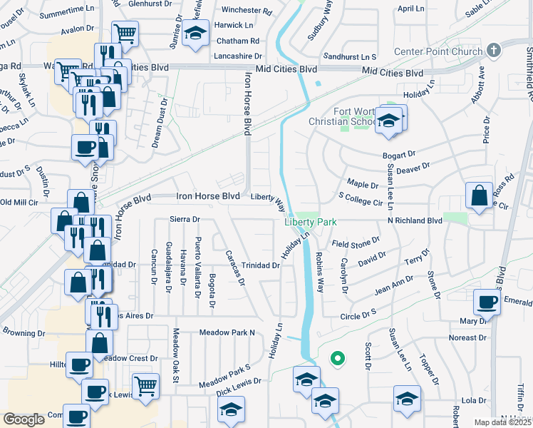 map of restaurants, bars, coffee shops, grocery stores, and more near 7133 Barbados Drive in North Richland Hills