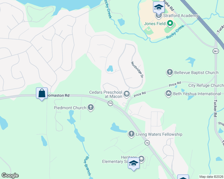 map of restaurants, bars, coffee shops, grocery stores, and more near 5698 Thomaston Road in Macon