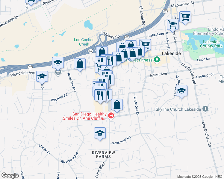 map of restaurants, bars, coffee shops, grocery stores, and more near 9624 Nectarine Drive in Lakeside