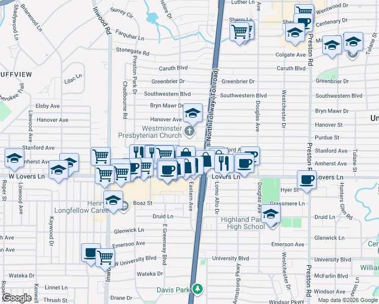 map of restaurants, bars, coffee shops, grocery stores, and more near 5718 Stanford Avenue in Dallas