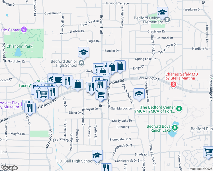 map of restaurants, bars, coffee shops, grocery stores, and more near 2825 Summit View Drive in Bedford