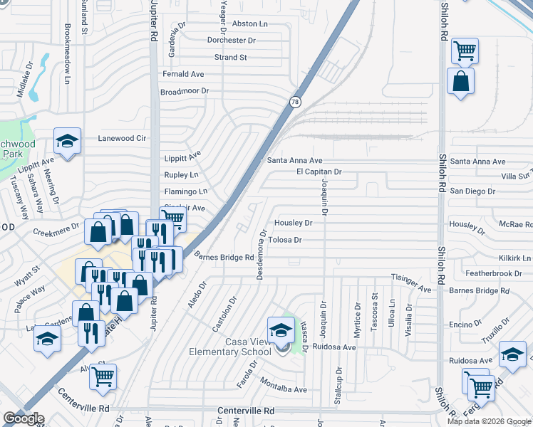 map of restaurants, bars, coffee shops, grocery stores, and more near 11609 Desdemona Drive in Dallas