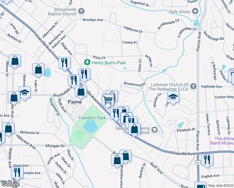 map of restaurants, bars, coffee shops, grocery stores, and more near 250 Crumps Park Avenue in Macon