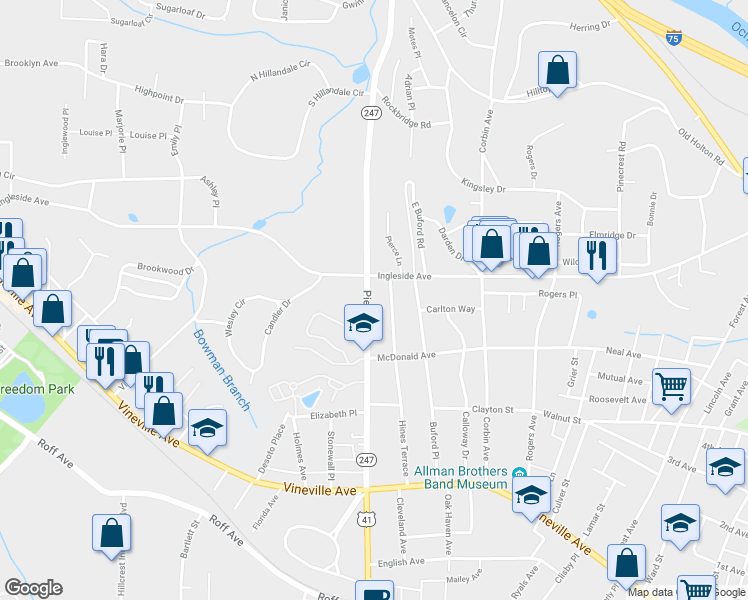 map of restaurants, bars, coffee shops, grocery stores, and more near 375 Pierce Avenue in Macon