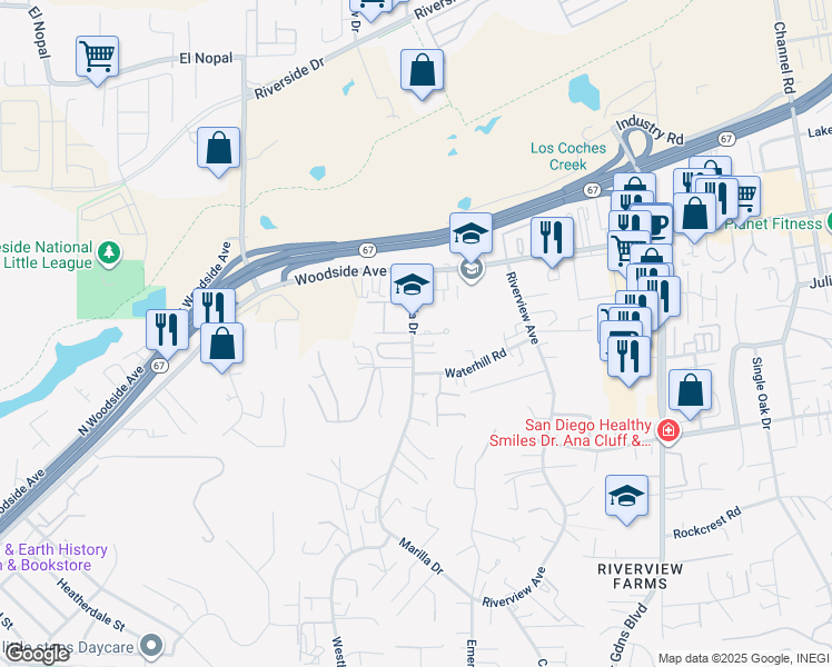 map of restaurants, bars, coffee shops, grocery stores, and more near 9707 Marilla Drive in Lakeside