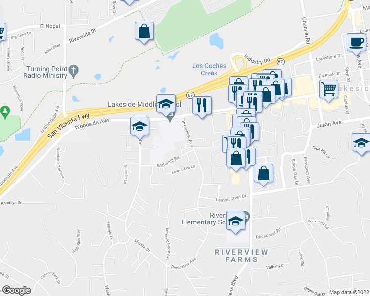 map of restaurants, bars, coffee shops, grocery stores, and more near 9668 Riverview Avenue in Lakeside