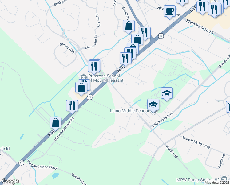 map of restaurants, bars, coffee shops, grocery stores, and more near 1140 Hamlin Road in Mount Pleasant